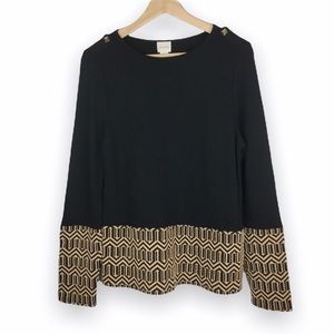 Chicos Womens Medium‎ Black And Tan Geometric Embroidered Long Sleeve Top Shirt